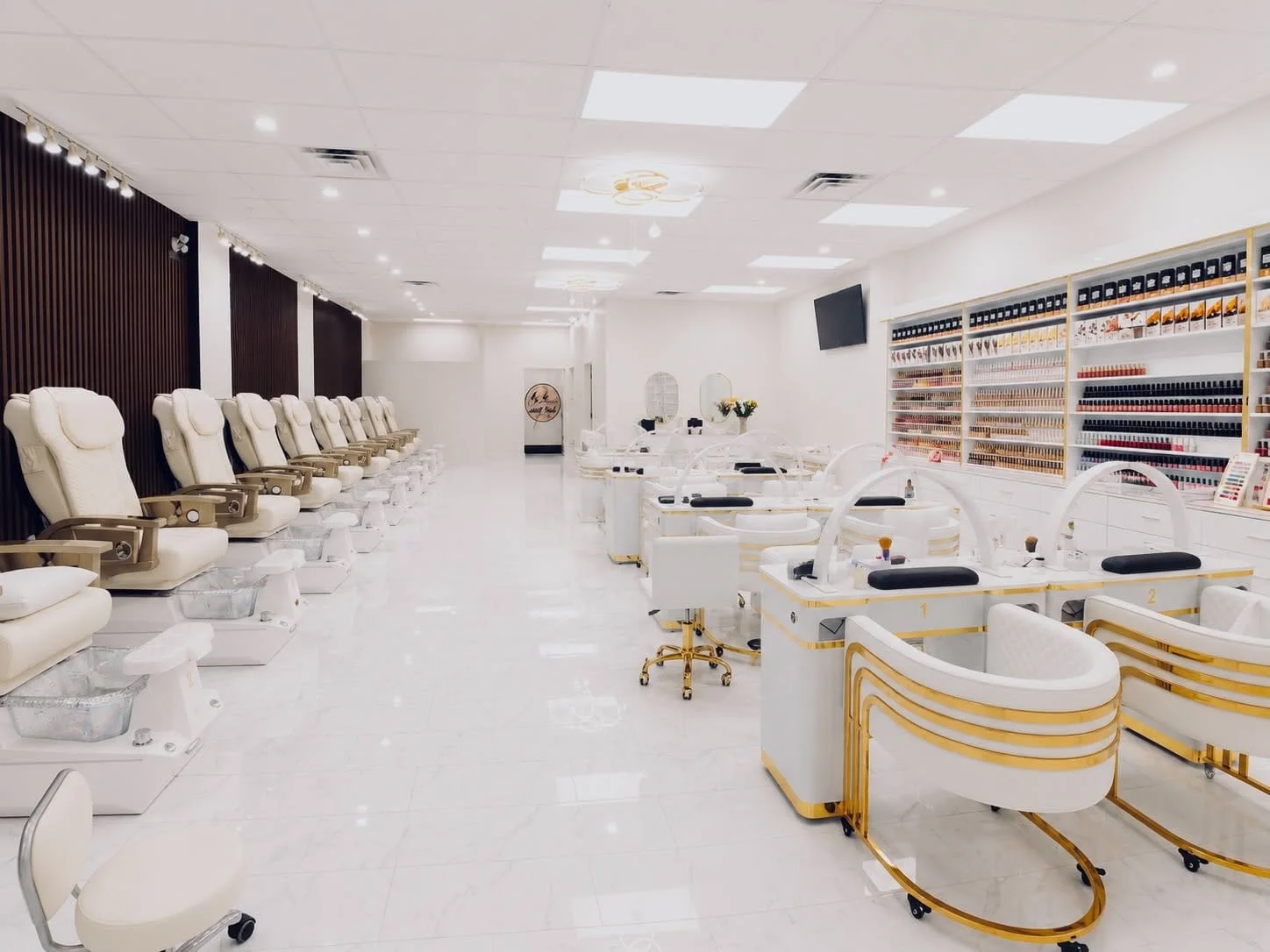 Bright pedicure and manicure stations inside Doris Nails Lounge